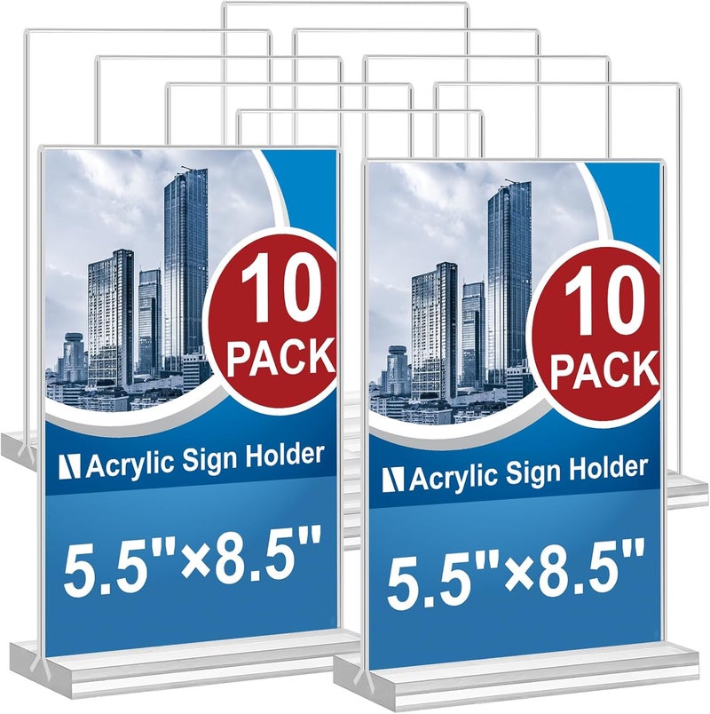 Arrobust Acrylic Sign Holder 5.5 x 8.5, 10 Pack Double-Sided Stand up Table Top Clear Sign Holders, T Shape Plastic Acrylic Picture Frame Menu Flyer Paper Holder Display Stands for Office Store Wedding Party - Image 1